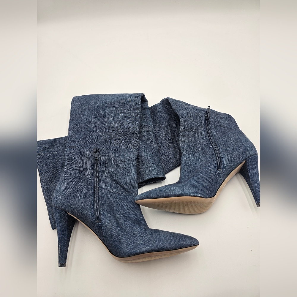 Guess Knee High Denim Stiletto Boots Size 7 | Pointed Toe Heels Y2K Retro Style - Picture 3 of 16